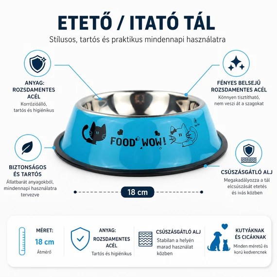 Praktikus kisállat etetőtál kék Food Wow felirattal