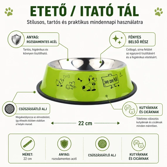 Kutyás mintás etetőtál zöld külsővel és stabil aljjal