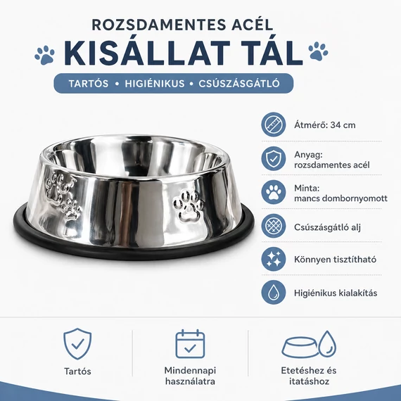Nagy méretű rozsdamentes etető-itató tál kedvenceknek